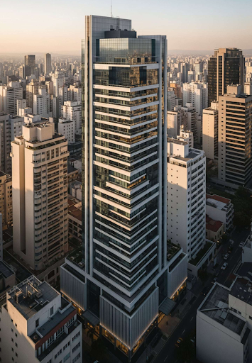 Torre de alto padrão em São Paulo ao entardecer
